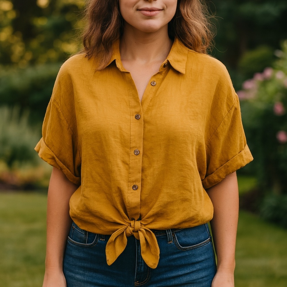 Skylar + Madison Mustard 100% Linen Tie Front Button up‎ Lagenlook Coastal L